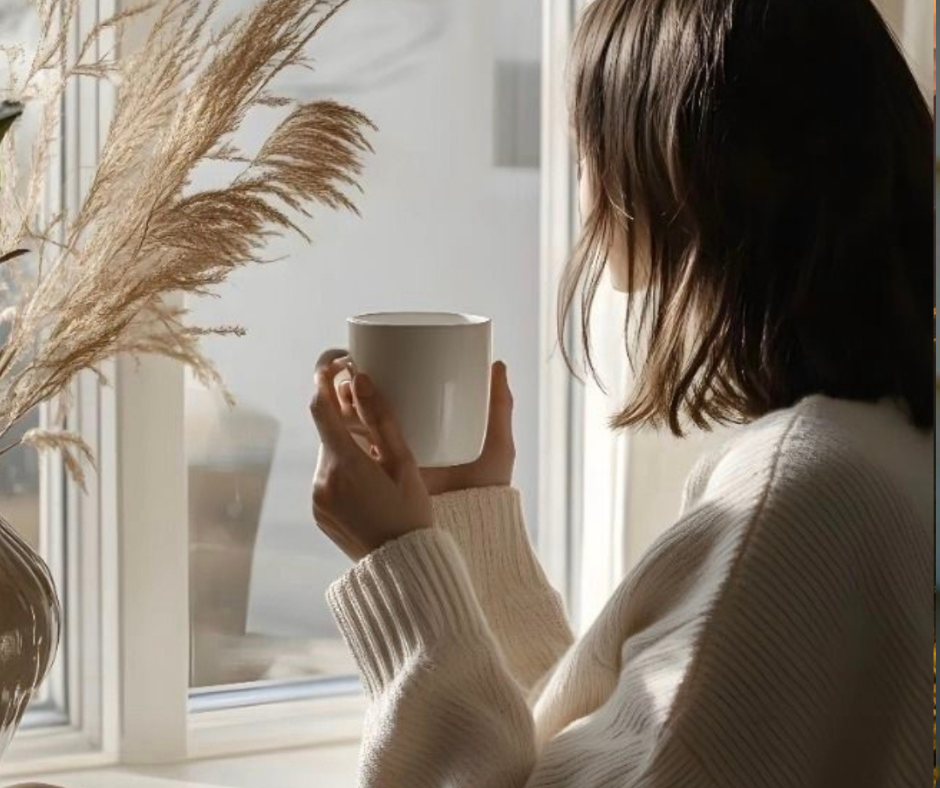 Donna con tazza calda vicino alla finestra simbolo di fiducia nella vita e calma interiore in stile hygge