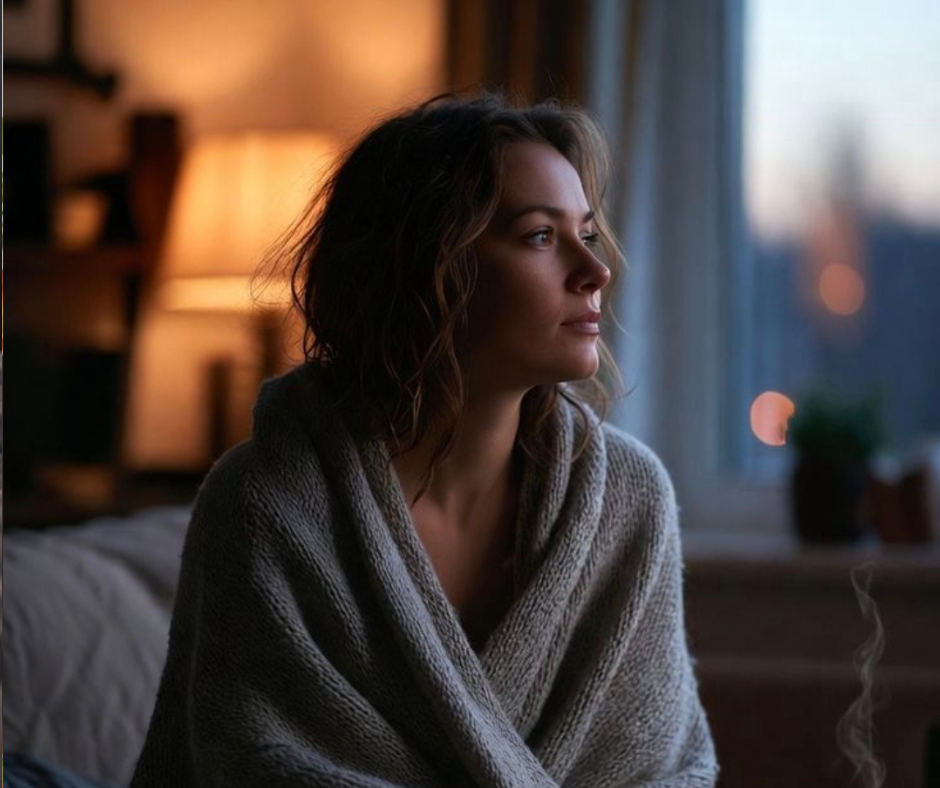 donna avvolta in una coperta con mente attiva e sistema nervoso in allerta la sera
