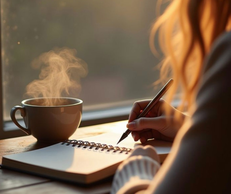 Accogliere la stanchezza: il coraggio di fermarsi e ritrovare sé stessi mano che scrive su un quaderno con una tazza di tè caldo al mattino, atmosfera hygge e momento di ascolto interiore