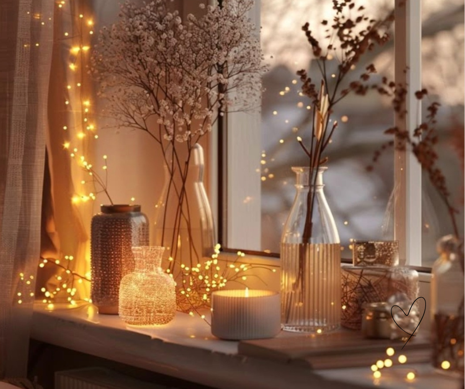 L’arte di creare atmosfera: la luce come abbraccio angolo hygge con candele accese, cuscini e luci calde vicino alla finestra in una sera d’autunno