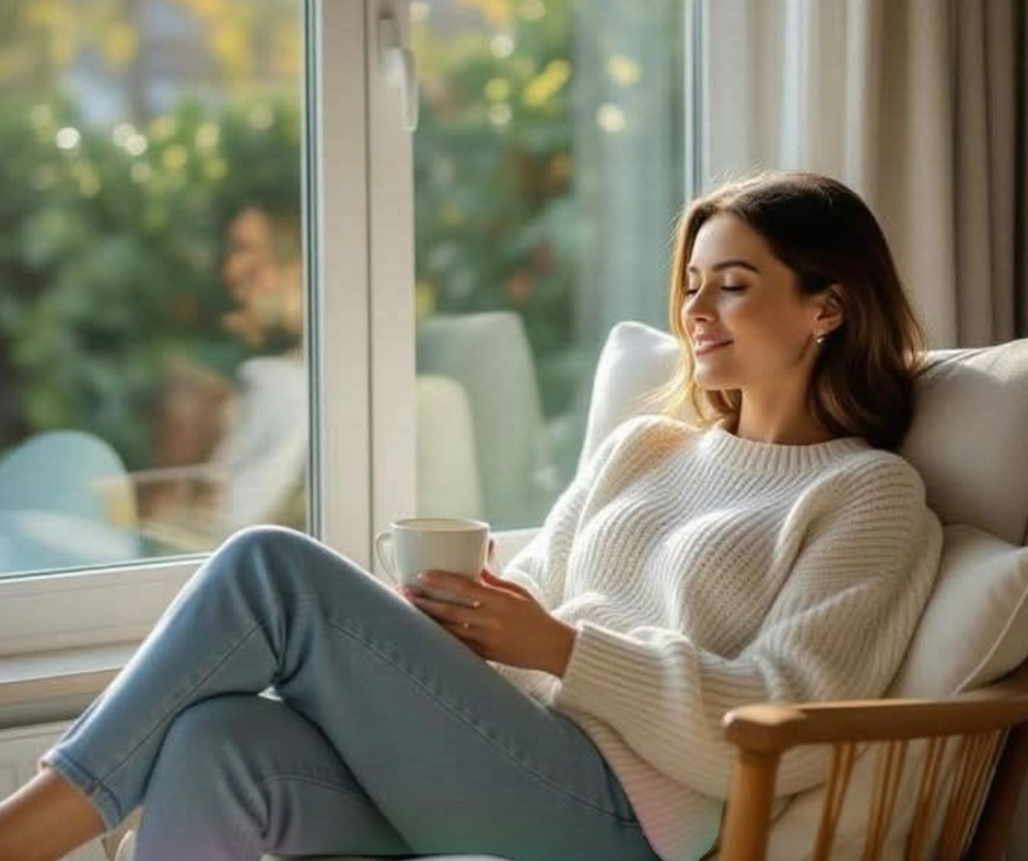 Il ritorno dell’energia è spesso silenzioso Donna rilassata vicino alla finestra con tazza calda simbolo del ritorno dell’energia e della calma del sistema nervoso in stile hygge