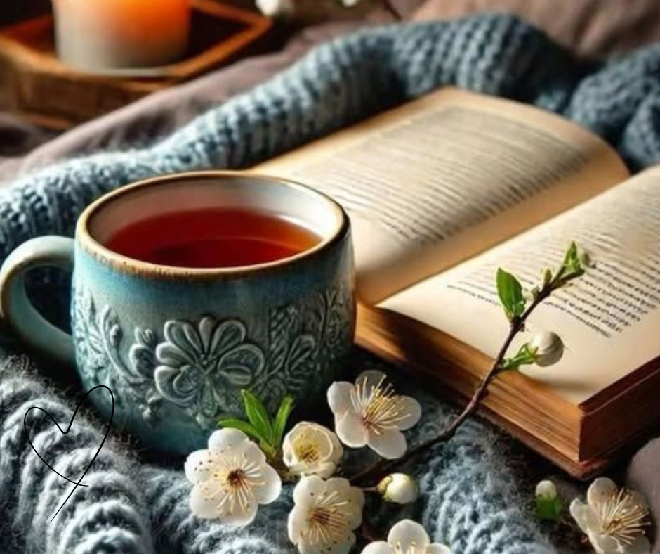 Hygge: il potere dei piccoli riti quotidiani per ritrovare calma e stabilità azza di tisana in ceramica decorata accanto a un libro aperto, su una coperta morbida con fiori bianchi e candela accesa, atmosfera di relax hygge