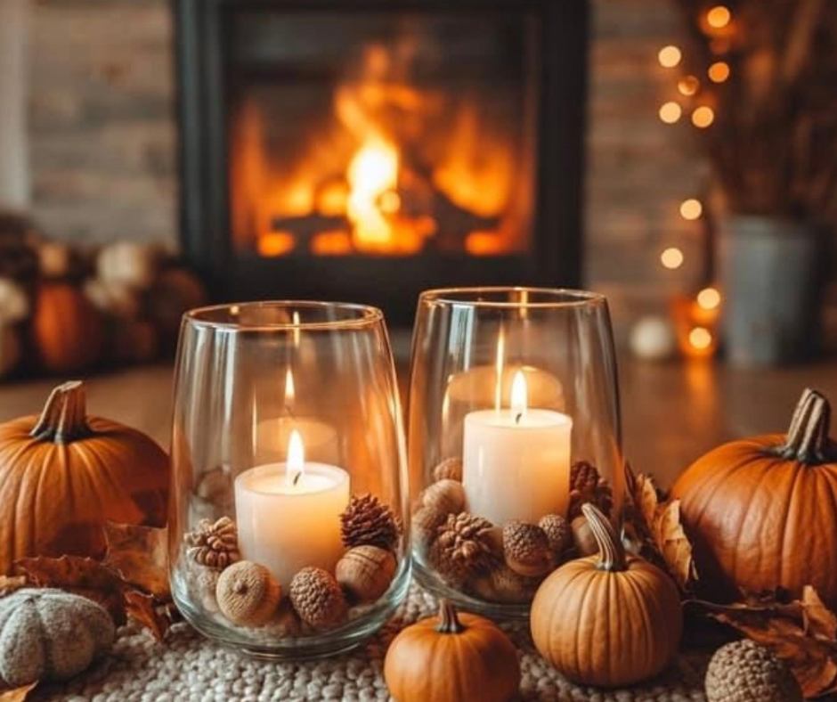 Prepararsi all’arrivo del buio: creare calore prima che arrivi l’inverno Candele accese davanti al camino con zucche autunnali, simbolo di calore interiore e atmosfera hygge per prepararsi al buio e all’inverno