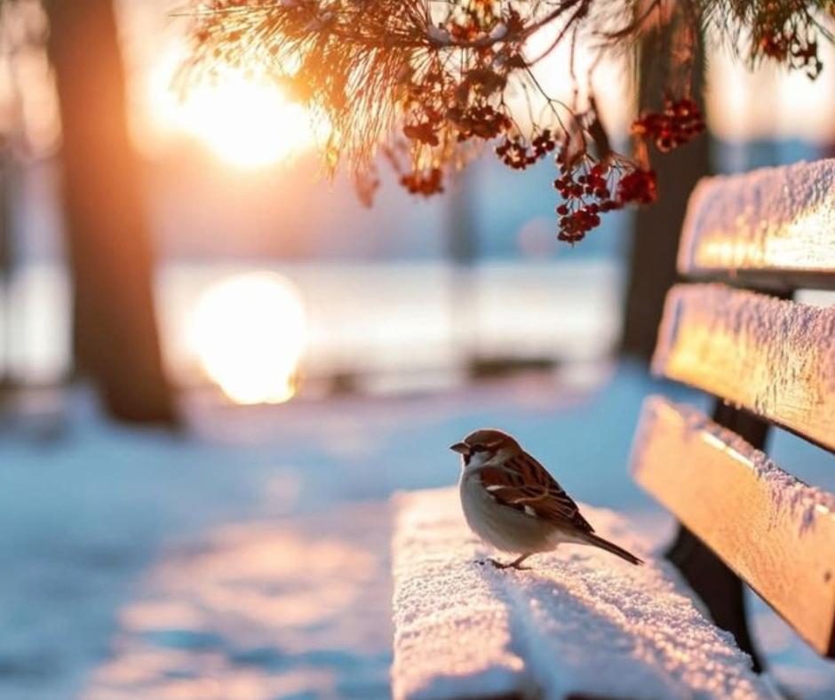 Non tutto deve iniziare subito Uccellino fermo su una panchina innevata al tramonto, simbolo di lentezza, attesa e rispetto dei tempi interiori