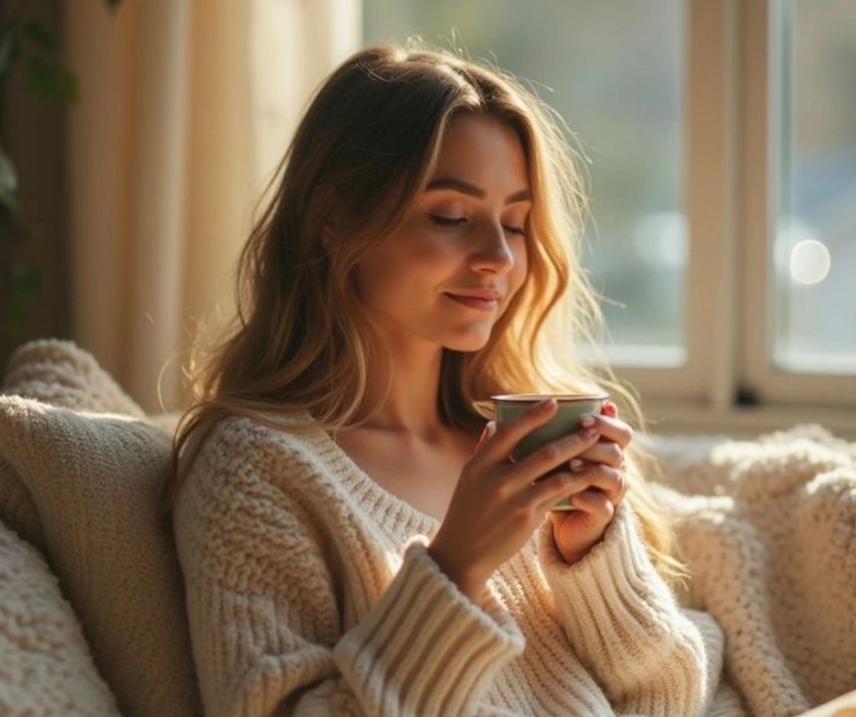 Quando il piacere sparisce dalla vita Donna rilassata con tazza calda vicino alla finestra simbolo di piacere semplice e benessere in stile hygge