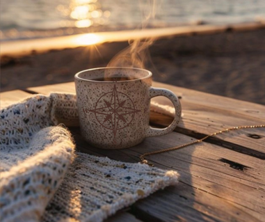 Tazza fumante al tramonto sulla spiaggia, momento Hygge di calma e riflessione