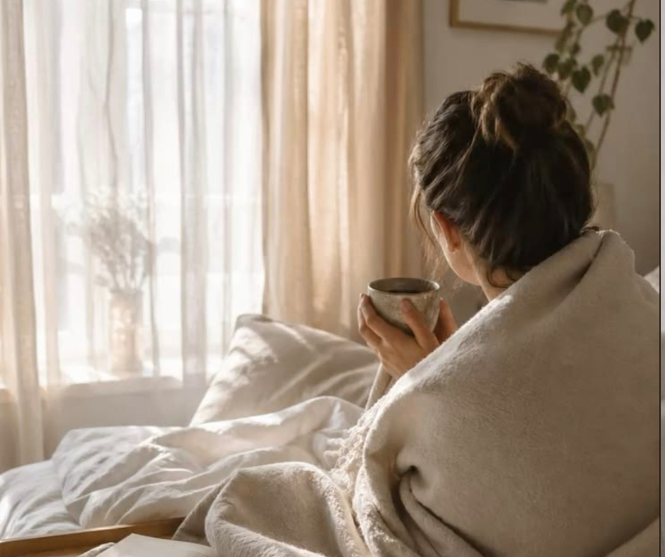 Ti riposi, ma non recuperi Donna avvolta in una coperta con una tazza calda mentre cerca di recuperare energie dopo un periodo di stress e stanchezza persistente.