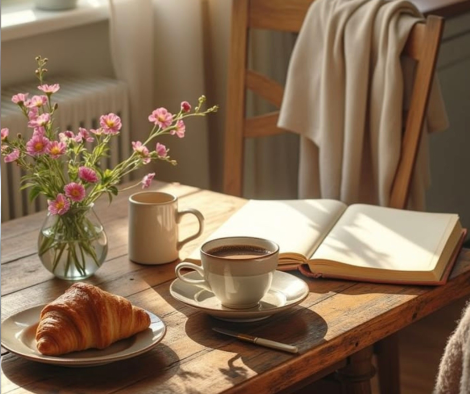 La primavera non è solo fuori Colazione lenta con luce naturale, fiori e tazza calda simbolo dei rituali hygge di primavera
