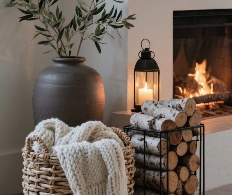 angolo hygge con camino acceso, candele, coperta e legna che creano una calda atmosfera di casa nido