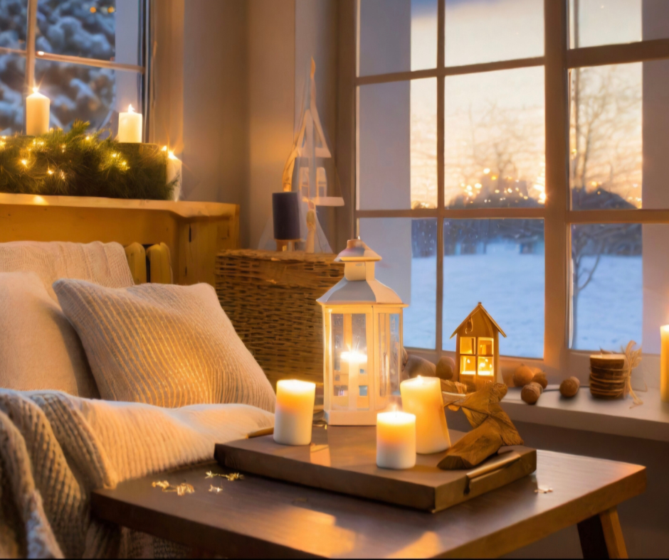 Tazza di caffè caldo con luci soffuse e rami verdi, simbolo di confini emotivi, calma interiore e cura di sé durante le feste in stile Hygge