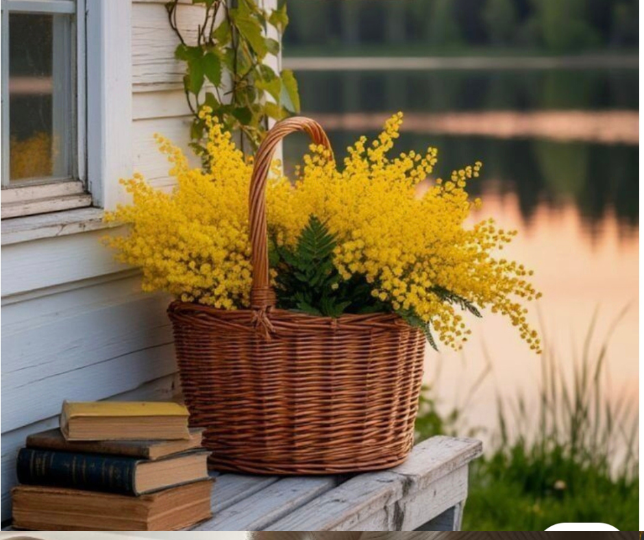 Dove va la tua energia, cresce qualcosa Cesto di fiori davanti a una casa con luce calda simbolo di cura quotidiana e crescita interiore in stile hygge