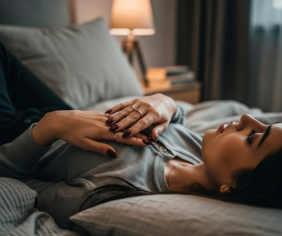 donna a letto che cerca di rilassarsi ma non riesce a dormire per il controllo