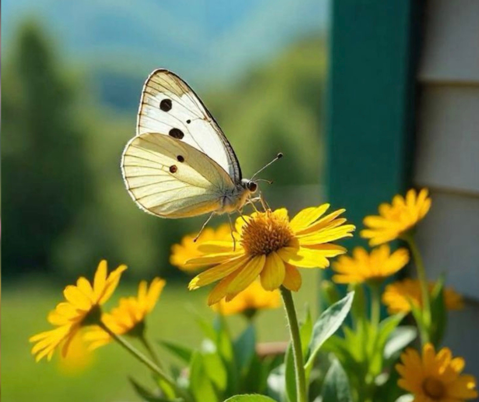 Farfalla su fiore simbolo della primavera interiore e della trasformazione personale in uno stato di calma e crescita