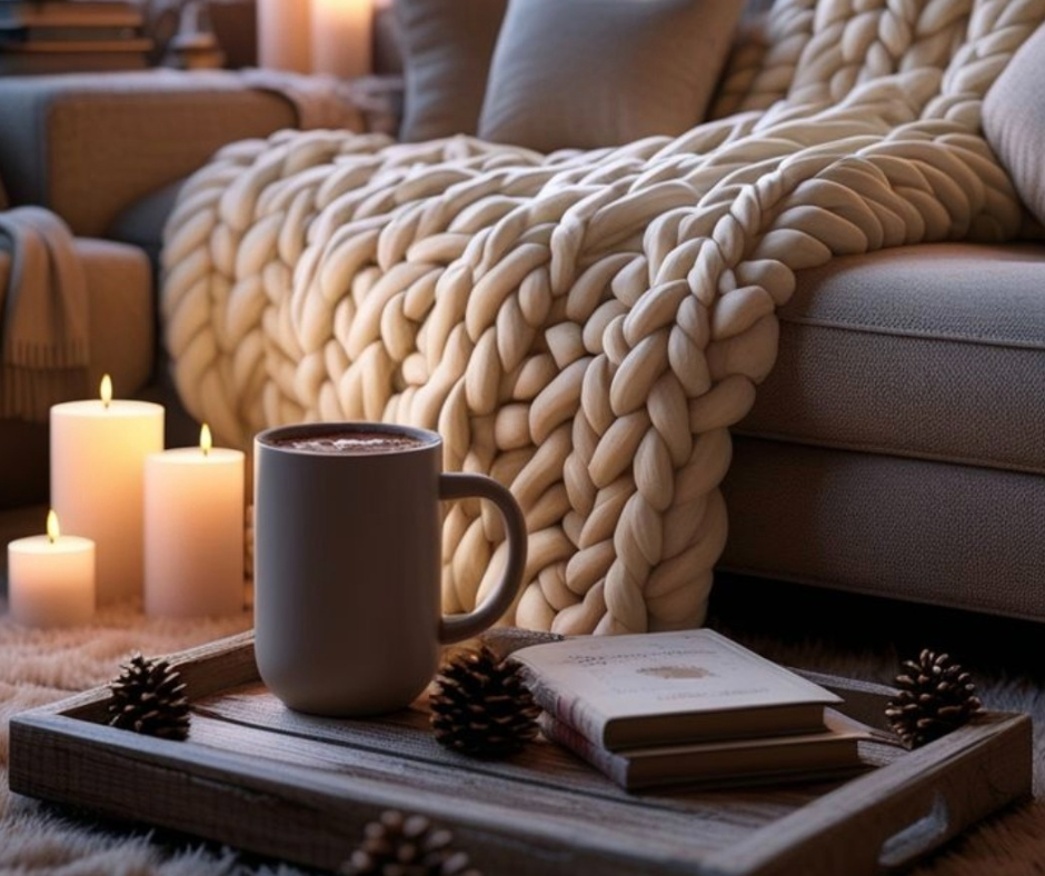 È ora di cambiare (ma non come pensi) Angolo hygge con candela e tazza calda, simbolo di sicurezza e pausa interiore
