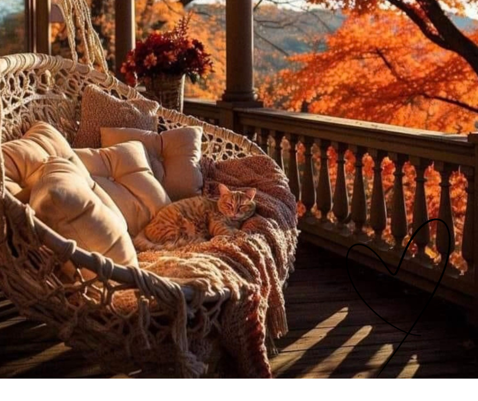Angolo hygge con poltrona sospesa, cuscini e gatto che riposa tra coperte al tramonto autunnale