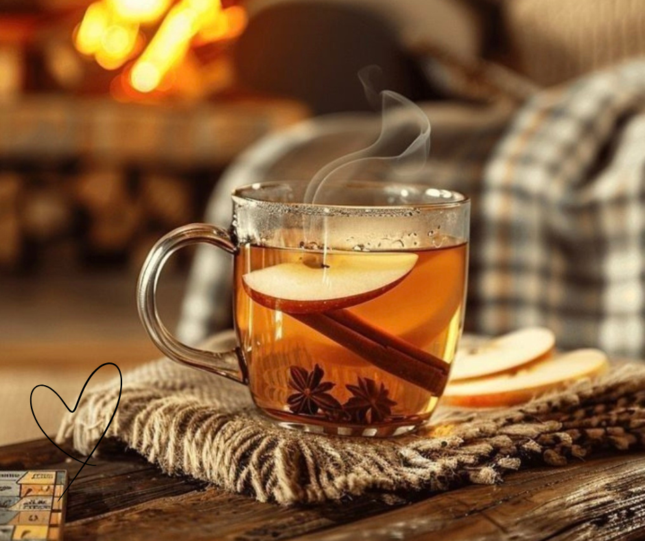 Hygge e stress: un equilibrio possibile Tazza di tisana fumante con mela e cannella su un plaid davanti al camino acceso, atmosfera hygge di relax e calore
