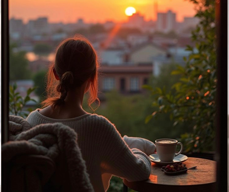 Donna seduta al tramonto con una tazza calda in un momento di calma e recupero emotivo dopo un lungo periodo di stress e iperattivazione.