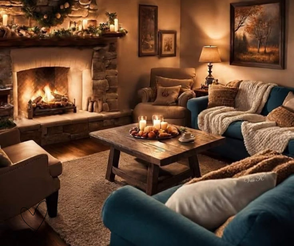 Dal fare all’essere: la mia trasformazione con il coaching Salotto caldo e accogliente con camino acceso, divani con coperte morbide e candele sul tavolino, perfetto per vivere l’atmosfera hygge e il relax domestico