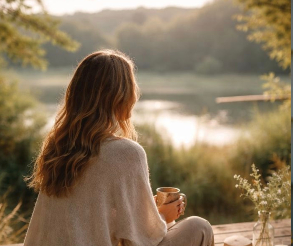 Donna seduta nella natura con tazza calda che osserva il lago simbolo di movimento lento ed equilibrio nello stile hygge