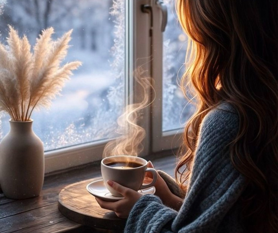 La stanchezza che non si vede Donna seduta vicino a una finestra in inverno con una tazza calda tra le mani, si concede una pausa e ascolta la propria stanchezza con gentilezza