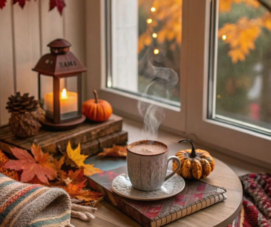 Tazza fumante accanto a una lanterna e a foglie d’autunno, simbolo del calore e della tranquillità in stile Hygge