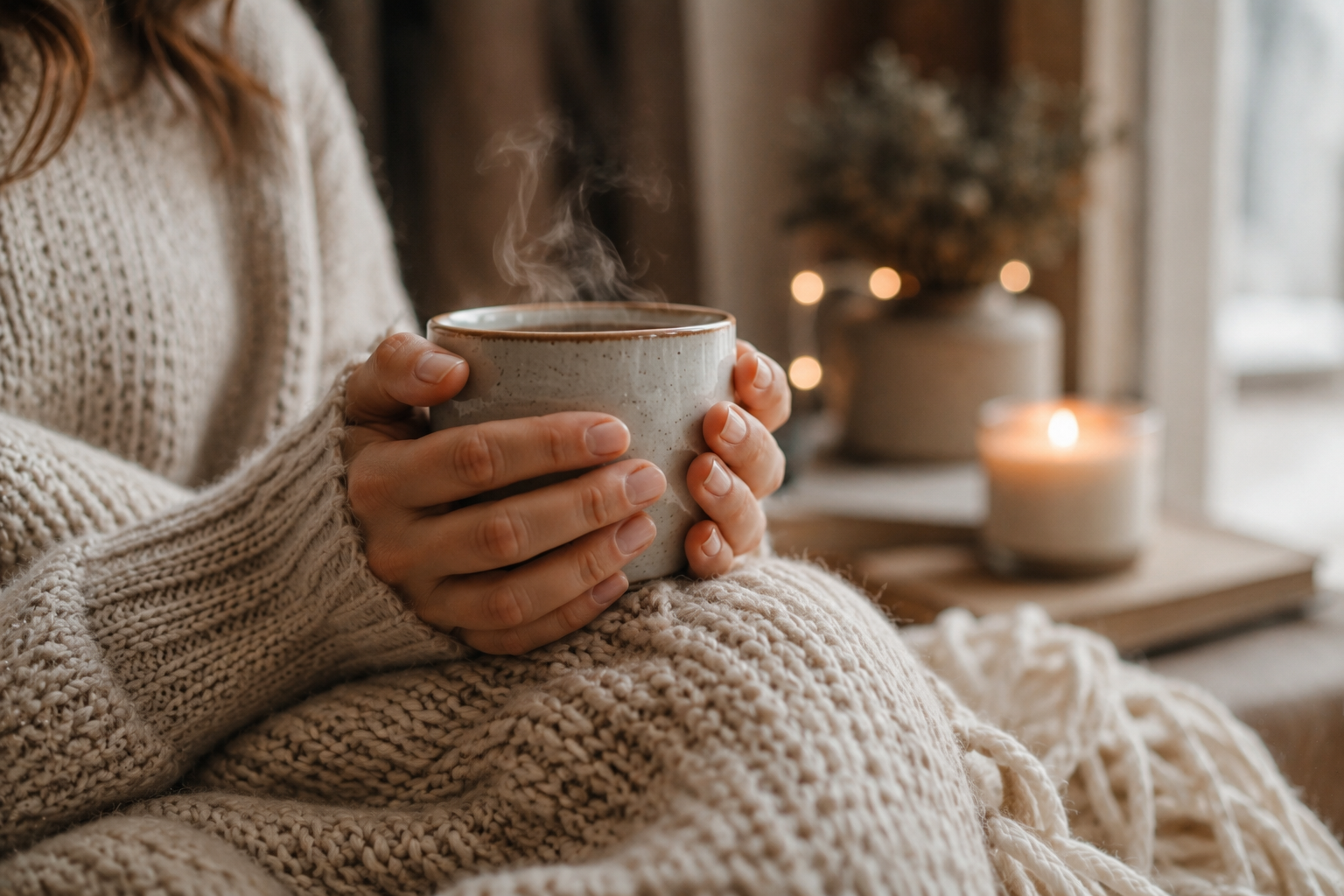 Mani che tengono una tazza calda con coperta e luce morbida per favorire calma e sicurezza interiore.