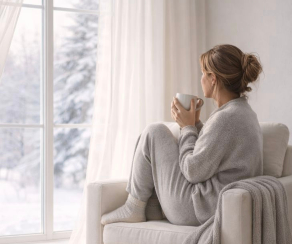 Donna seduta vicino alla finestra con una tazza calda tra le mani in un ambiente chiaro e silenzioso, simbolo di distacco emotivo, nebbia mentale e stress cronico.