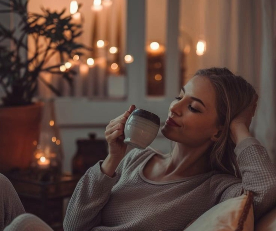 Quando il buio chiama la luce: ritrovare equilibrio nel cambio di stagione donna rilassata che sorseggia una tisana in casa hygge con luce calda e atmosfera tranquilla, simbolo di equilibrio nel cambio di stagione
