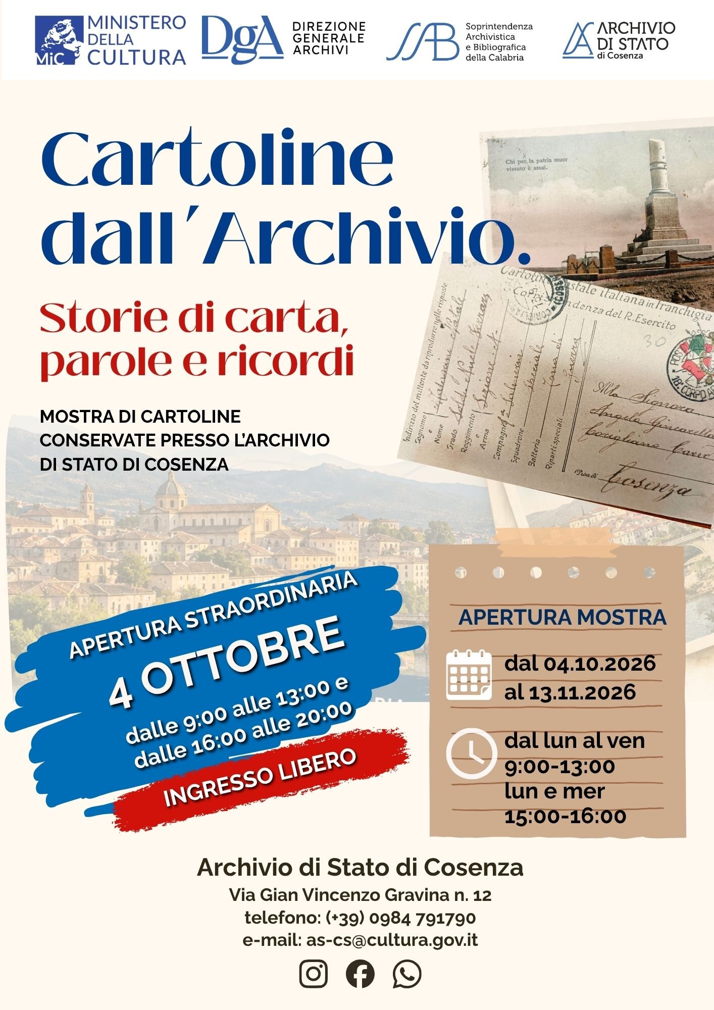 Cosenza, all&rsquo;Archivio di Stato la mostra &ldquo;Cartoline dall&rsquo;Archivio. Storie di carta, parole e ricordi&rdquo;. Apertura straordinaria domenica 4 ottobre per la Domenica di Carta. Ingresso libero.
