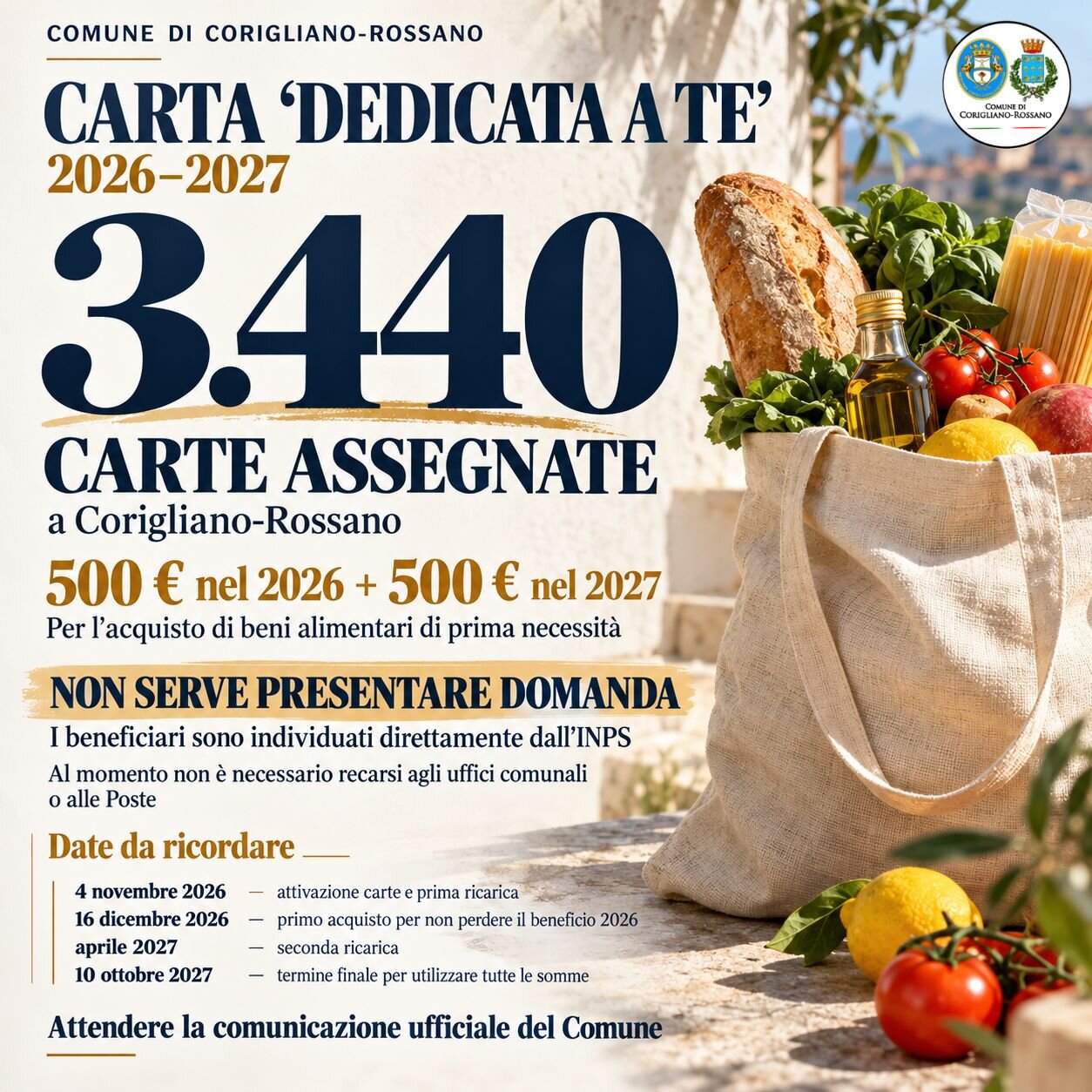 CARTA &ldquo;DEDICATA A TE&rdquo; 2026-2027: 3.440 CARTE ASSEGNATE A CORIGLIANO-ROSSANO.