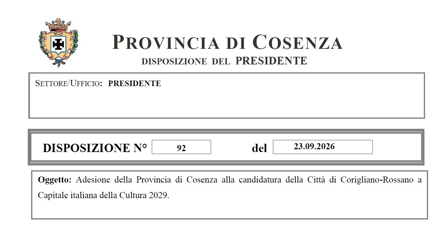 La Provincia di Cosenza aderisce alla candidatura di Corigliano-Rossano a Capitale italiana della Cultura 2029