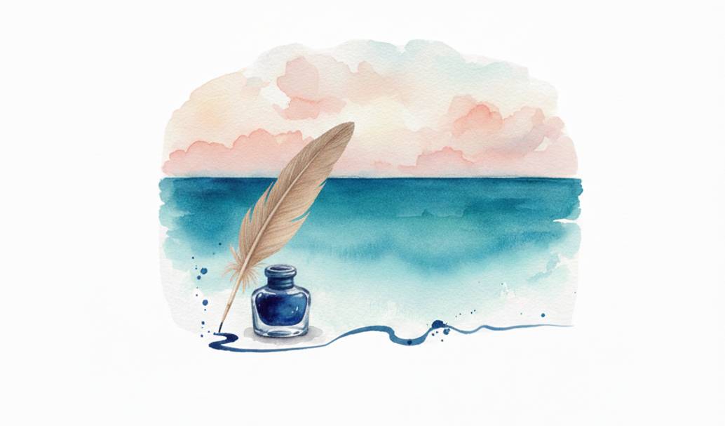 Il mare, una penna ed un calamaio disegnati sempre in stile acquerello Il mare, una penna ed un calamaio disegnati sempre in stile acquerello