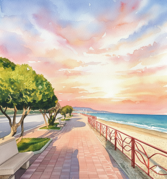 Un magnifico disegno in acquerello del lungomare si Siderno, invaso dalla luce forte e rosa tipica delle belle giornate Un magnifico disegno in acquerello del lungomare si Siderno, invaso dalla luce forte e rosa tipica delle belle giornate