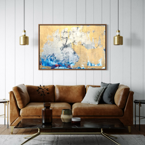 opera unica con cornice in legno, foglia oro, foglia argento e acrilico su tela, cm 150x100