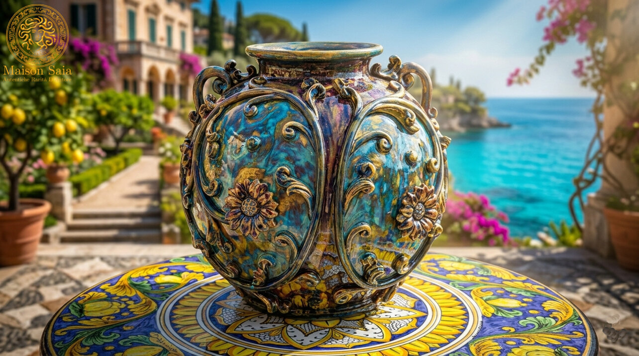 Vaso fatto a mano. Madreperla. Tavolo in pietra lavica.
