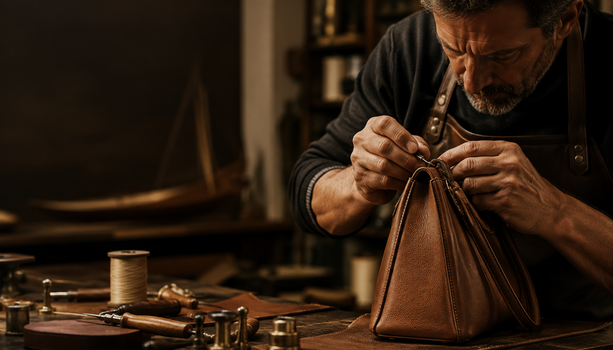 artigiano che fa uina borsa