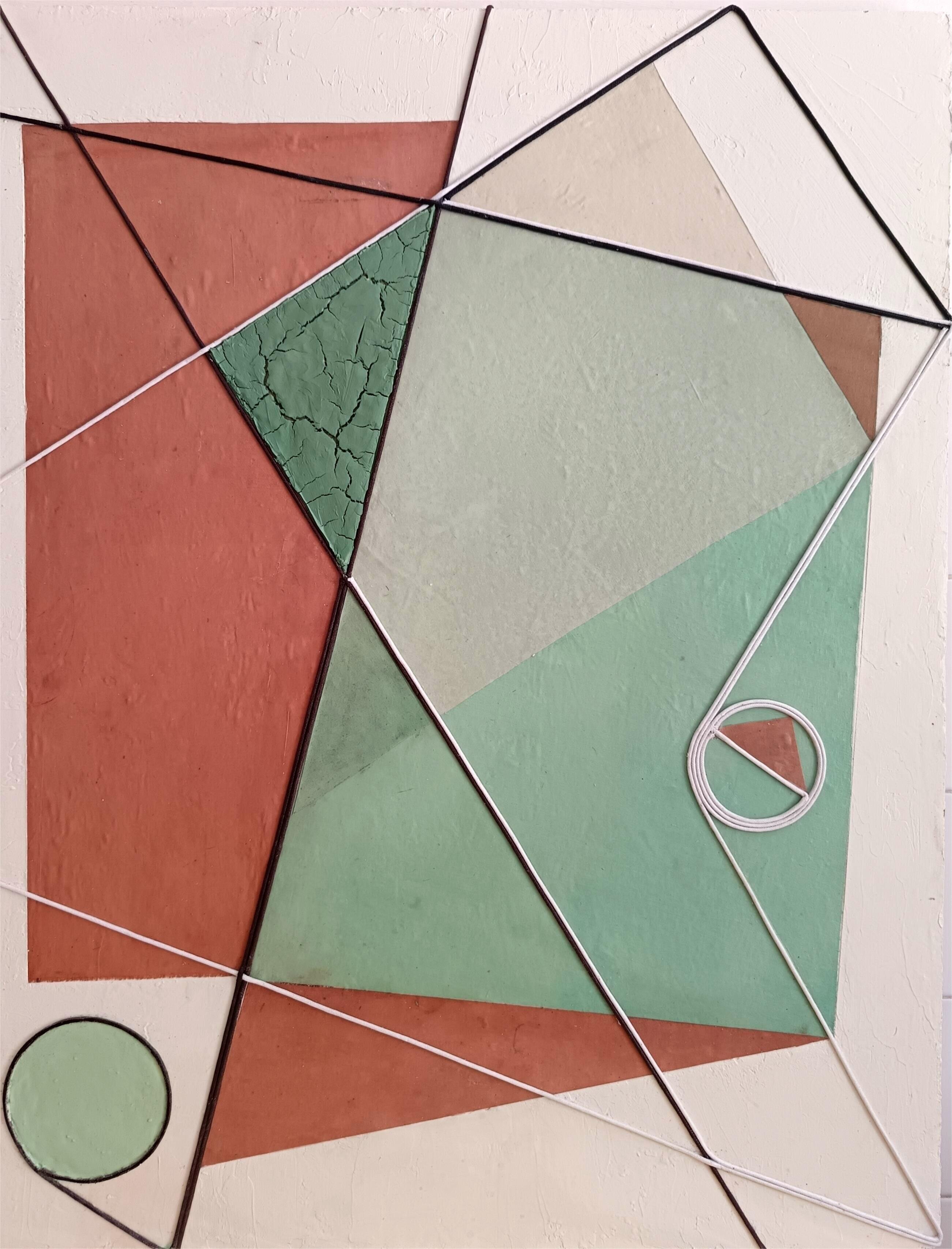 tri-angoli--tecnica mista, zolfo, rame, pigmenti di corteccia di pino, stoffa su cellotex 80x65