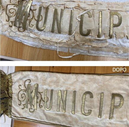 Restauro di un fiocco di bandiera in taffetas ricamato, XIX secolo