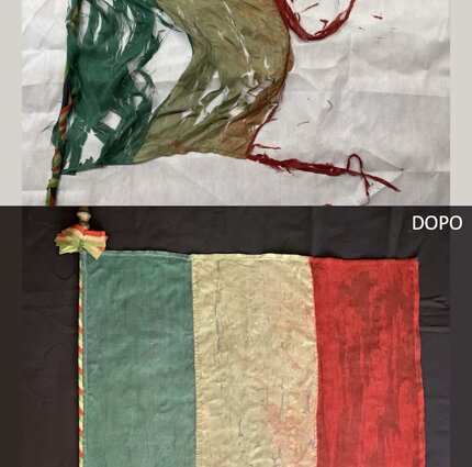 Restauro di un tricolore italiano in taffetas di seta, XIX secolo