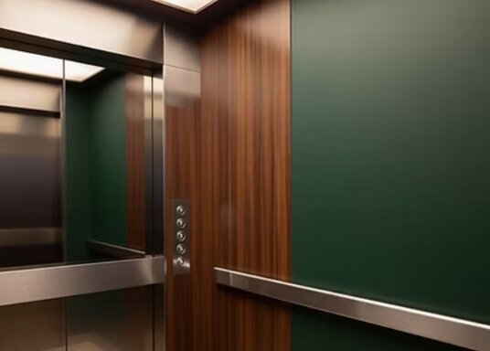 Pellicola adesiva effetto legno e verde scuro all'interno dell'ascensore
