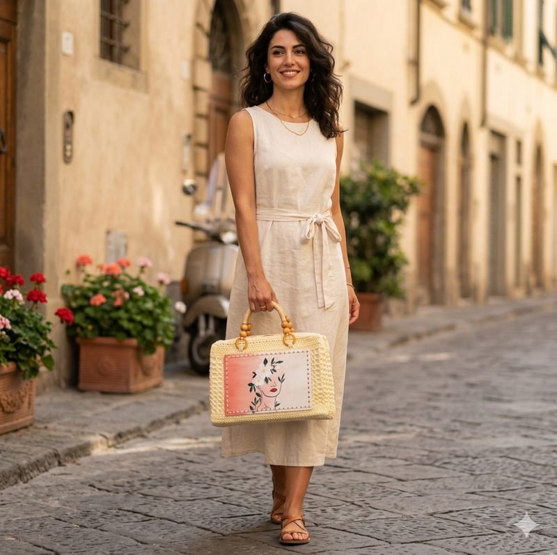 Borsa artigianale all'uncinetto con pannello dipinto a mano con fiori e manici in legno