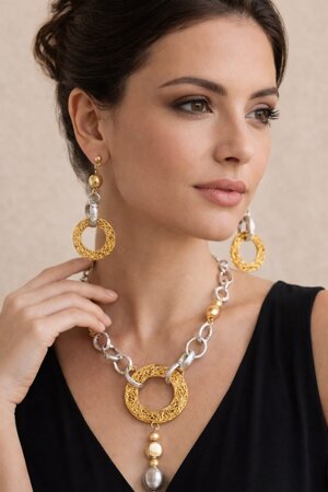 parure collana e orecchini artigianali oro e argento design elegante fatto a mano