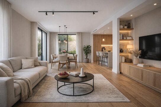 Living contemporaneo luminoso con cucina a vista e zona pranzo