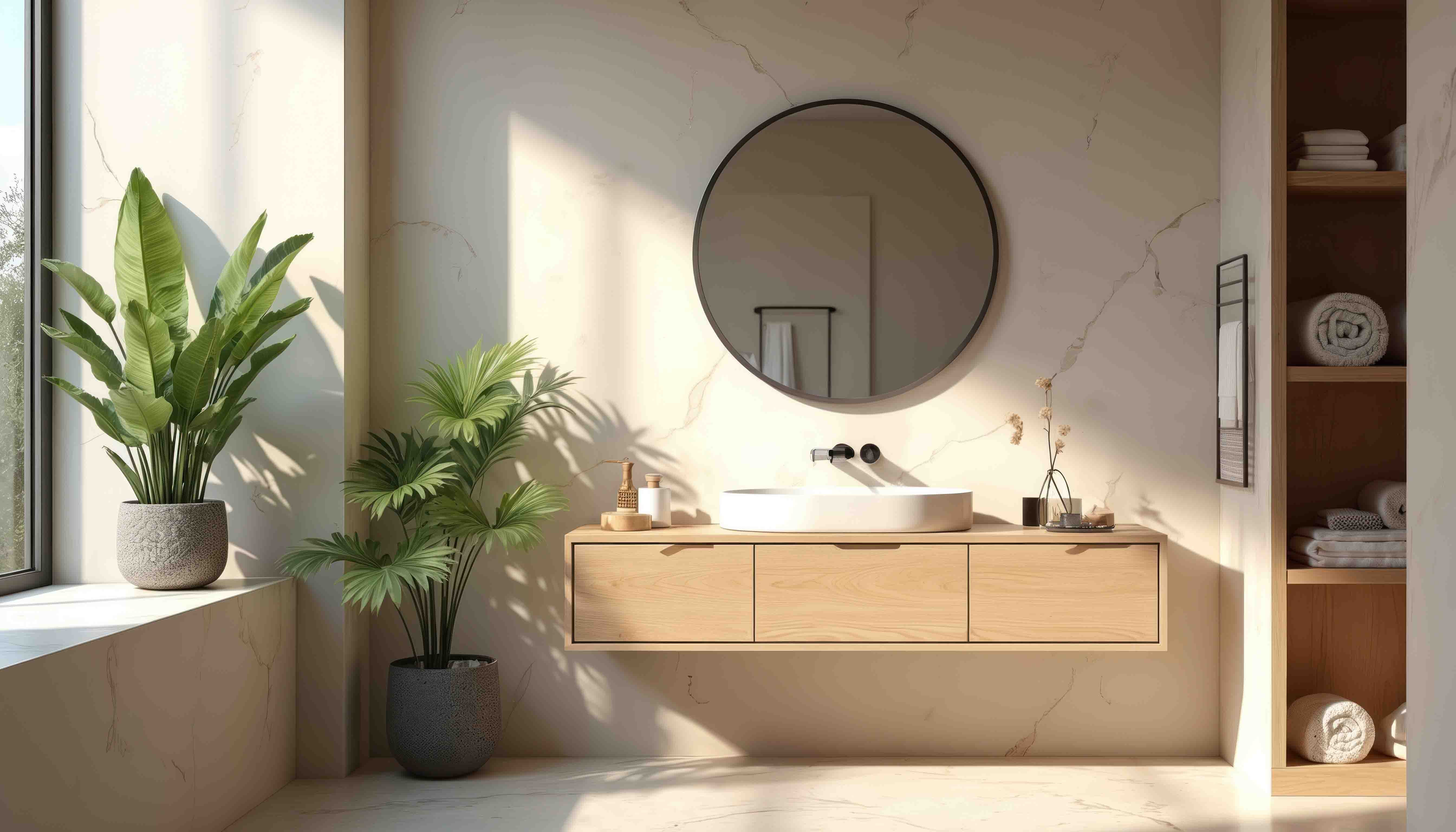 costo-ristrutturazione-bagno-brescia-rovato-hero.jpg.jpeg Bagno moderno luminoso con piante e lavabo sospeso in legno a Brescia