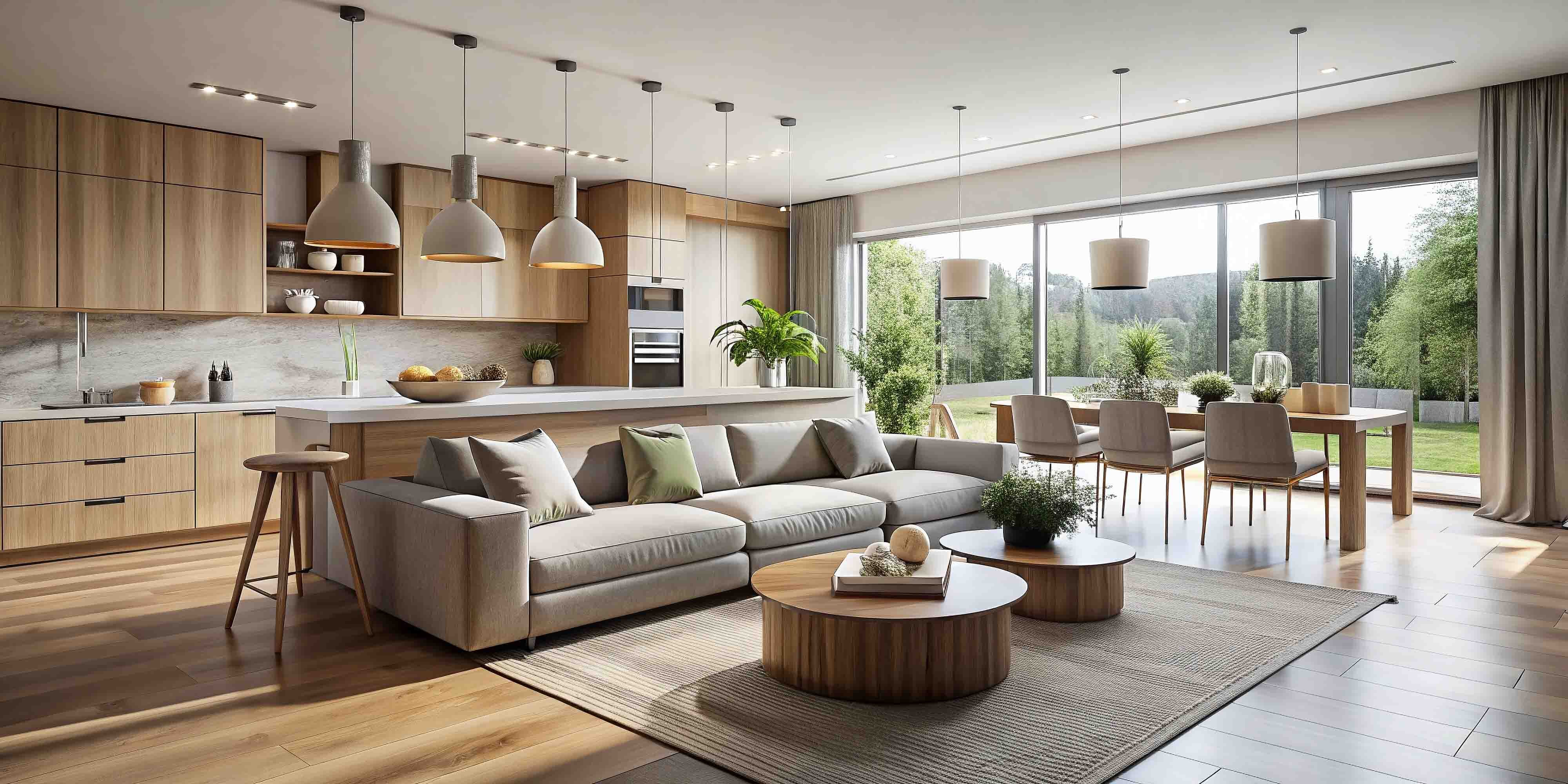 Ristrutturazione interni a Brescia – open space con cucina moderna in legno chiaro e soggiorno luminoso