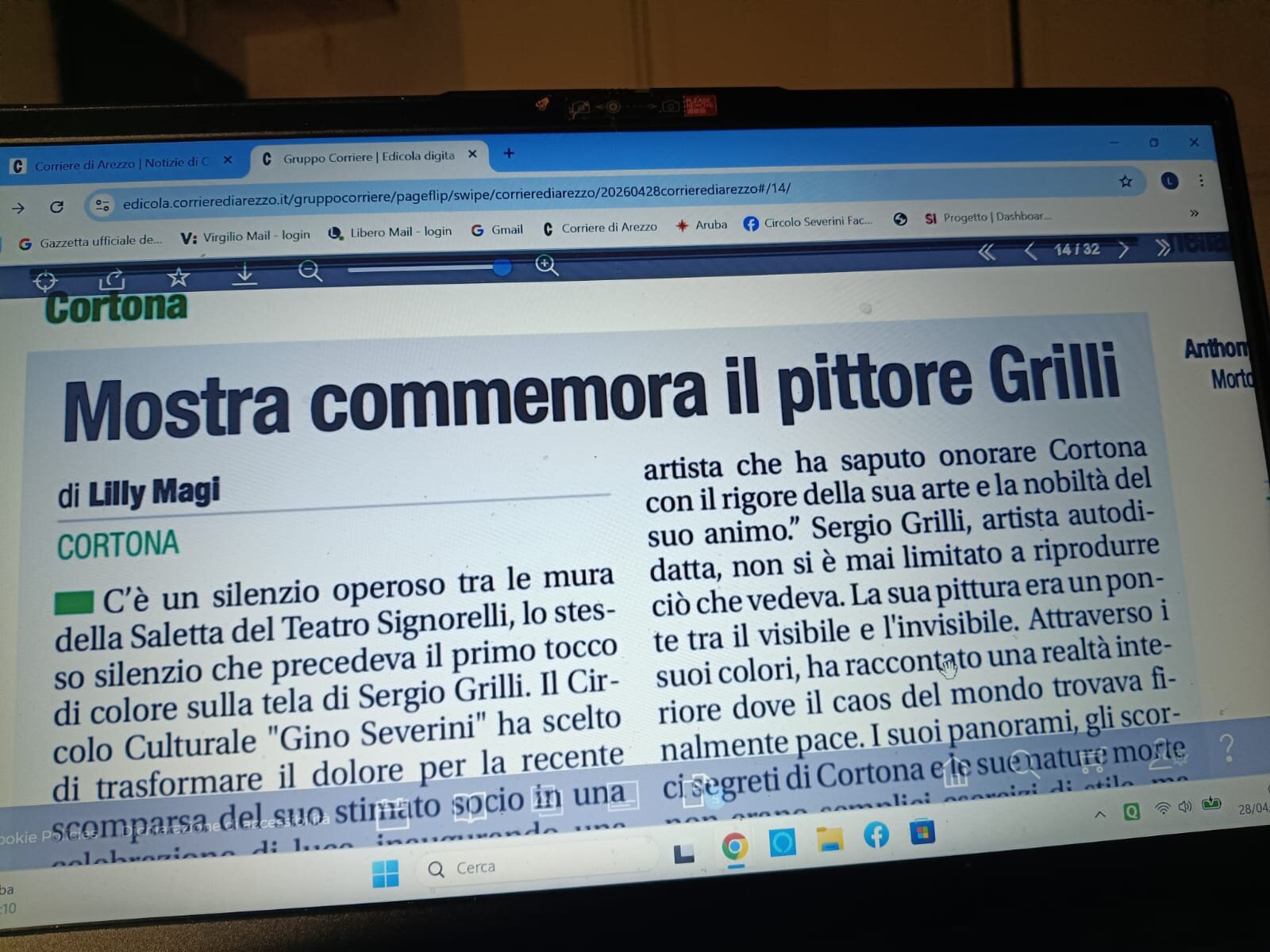 Omaggio a Sergio Grilli: il ricordo del Circolo Severini sulla stampa locale