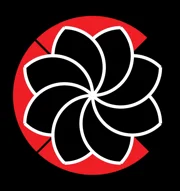 logo aziendale colorato di rosso, bianco e nero su sfondo nero